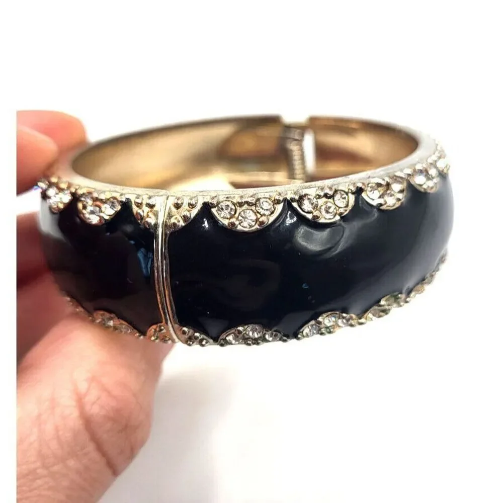 Vintage 80s Black and Gold Enamel Hinged Bracelet 2.5in dia